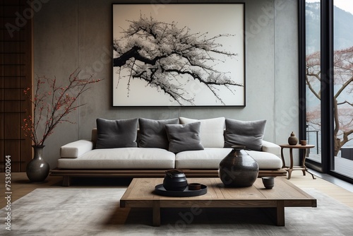 Grey sofa and black cushions in a Japanese-style living room photo