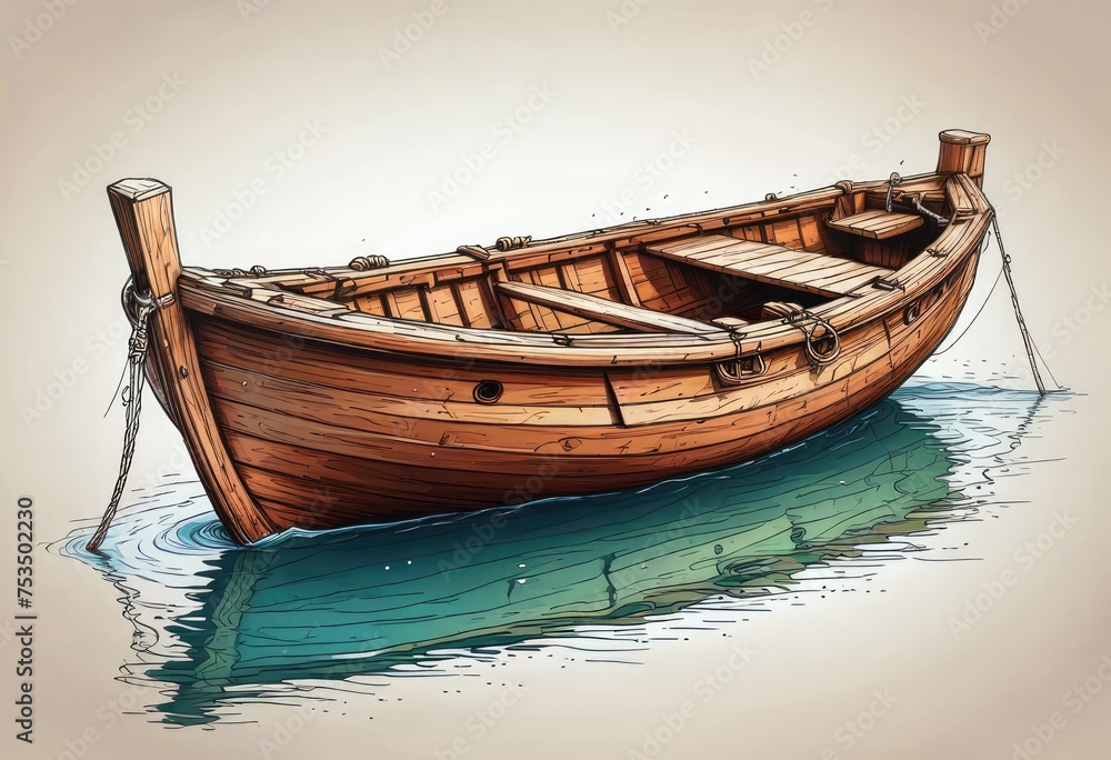 Hand-drawn of a wooden boat clipart on a clean white background by ai generated