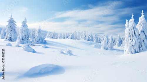 Pristine Snow-Covered Landscape: Winter Magic in a Tranquil Snowy Scene, Capturing the Chilled Beauty of Fresh Powder and Snow-Capped Mountains.