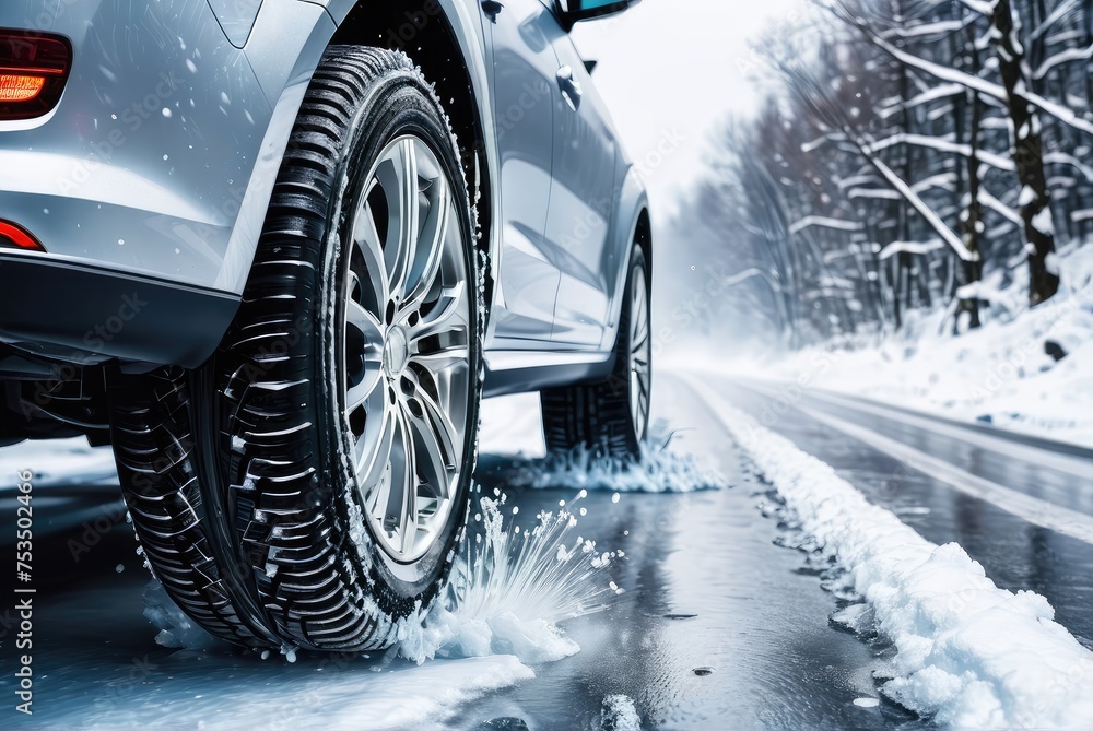 In the winter's grip, snow flies as wheels spin on icy roads, signaling the need for tire change by ai generated