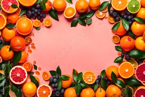 Fresh citrus frame. Oranges  tangerines  grapefruits  leaves on pink background top-down copy space with drops of water