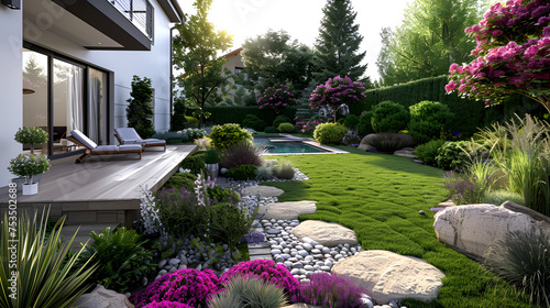 Stunning modern garden with elegant water features and stone paths. generative ai