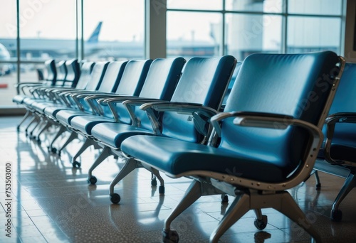 Rows of chairs in the airport terminal, patiently awaiting passengers for their upcoming flights by ai generated