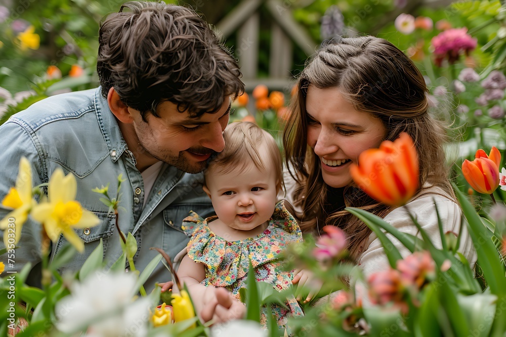 happy married couple husband and wife hugging their baby in spring garden happy married couple husband and wife hugging their baby in spring garden