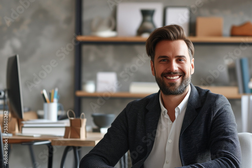 Portrait of a smiling businessman wearing blazar and sitting in minimal workplace, professional confident young man seated in office, Business man working in office room, The CEO sits in office chair