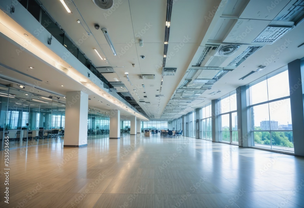The wide-angle view captures the sleek interior of a modern office building by ai generated The wide-angle view captures the sleek interior of a modern office building by ai generated