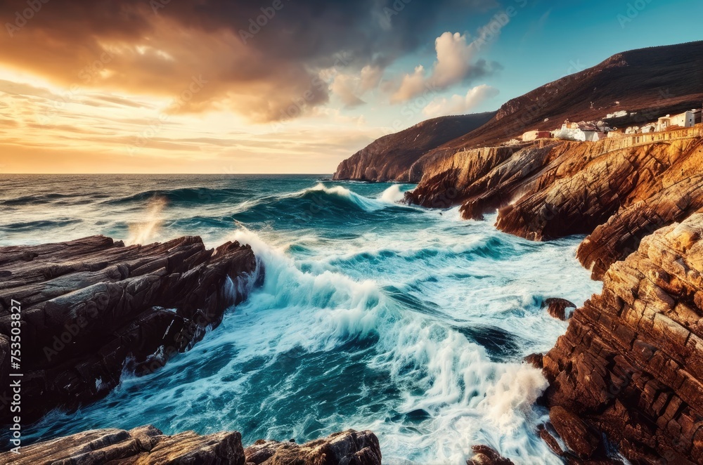 Fototapeta premium waves crash, rocks stand firm. Toned beauty embraces nature's timeless dance by ai generated