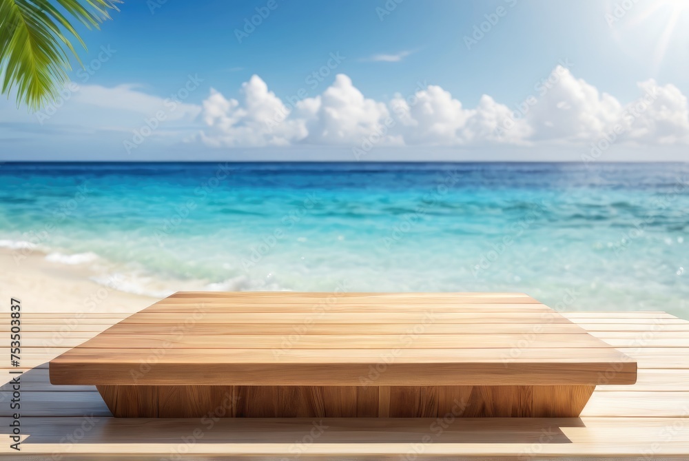 Wooden podium set against a tropical beach backdrop for product display perfection by ai generated