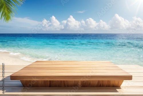 Wooden podium set against a tropical beach backdrop for product display perfection by ai generated