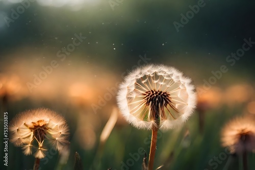A tranquil and atmospheric photograph capturing the serene beauty of a peach-colored dandelion.