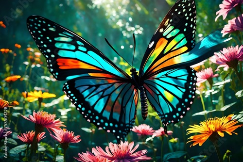 large stunningly beautiful fairy wings Fantasy abstract paint colorful butterfly sits on garden.The insect casts a shadow on nature.The insect has many geometric angles.