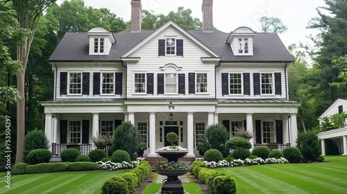 an exterior of a colonial house, with the view of the front porch and garden visible,Luxury mansion in the garden with a beautiful landscaped lawn photo