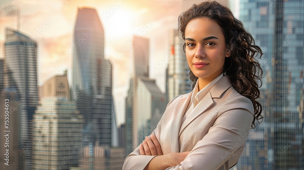 A professional and confident businesswoman with flowing hair stands before a backdrop of modern city architecture.
A professional and confident businesswoman with flowing hair stands before a backdrop of modern city architecture.
