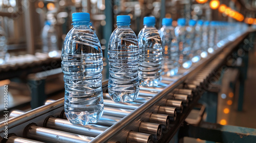 Close-up view of a conveyor with bottles of water in a factory