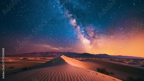 Starry Night Sky Above Desert Dunes The Milky Way galaxy stretches magnificently across the night sky over the smooth, sweeping dunes of a serene desert landscape.