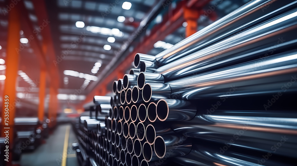 Rows of steel pipes neatly stacked in a busy industrial warehouse Rows of steel pipes neatly stacked in a busy industrial warehouse