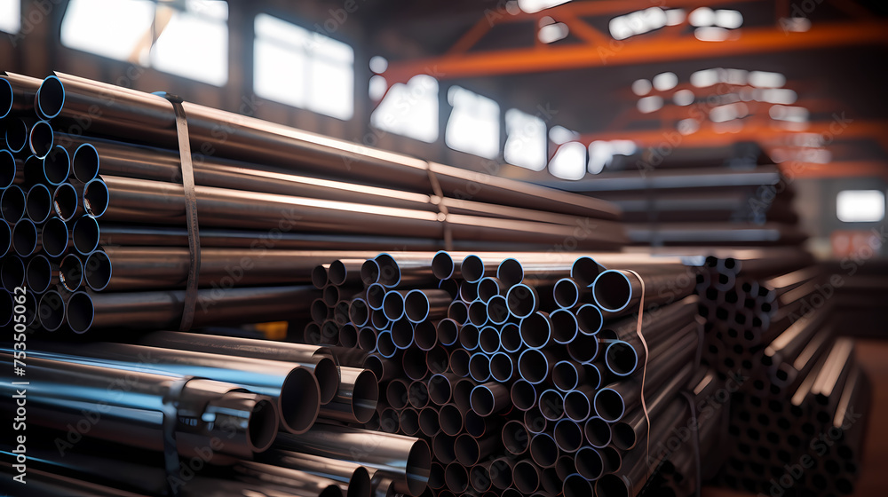 Rows of steel pipes neatly stacked in a busy industrial warehouse Rows of steel pipes neatly stacked in a busy industrial warehouse