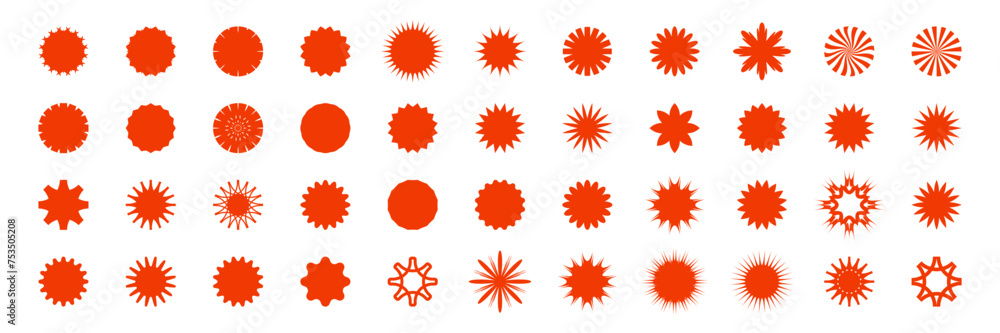 Red vector price stickers set. Red star shaped icons, badges, labels. Sunburst circle tags. Vintage promotion offer elements. Promo tags, attention symbol element stickers. Retro Swiss style graphics Red vector price stickers set. Red star shaped icons, badges, labels. Sunburst circle tags. Vintage promotion offer elements. Promo tags, attention symbol element stickers. Retro Swiss style graphics
