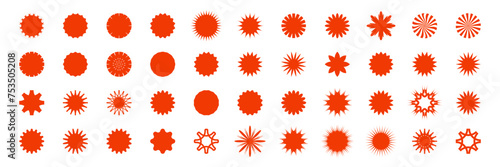 Red vector price stickers set. Red star shaped icons, badges, labels. Sunburst circle tags. Vintage promotion offer elements. Promo tags, attention symbol element stickers. Retro Swiss style graphics