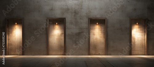 Concept of opportunity represented by three wooden doors and illuminated lamps in a concrete interior