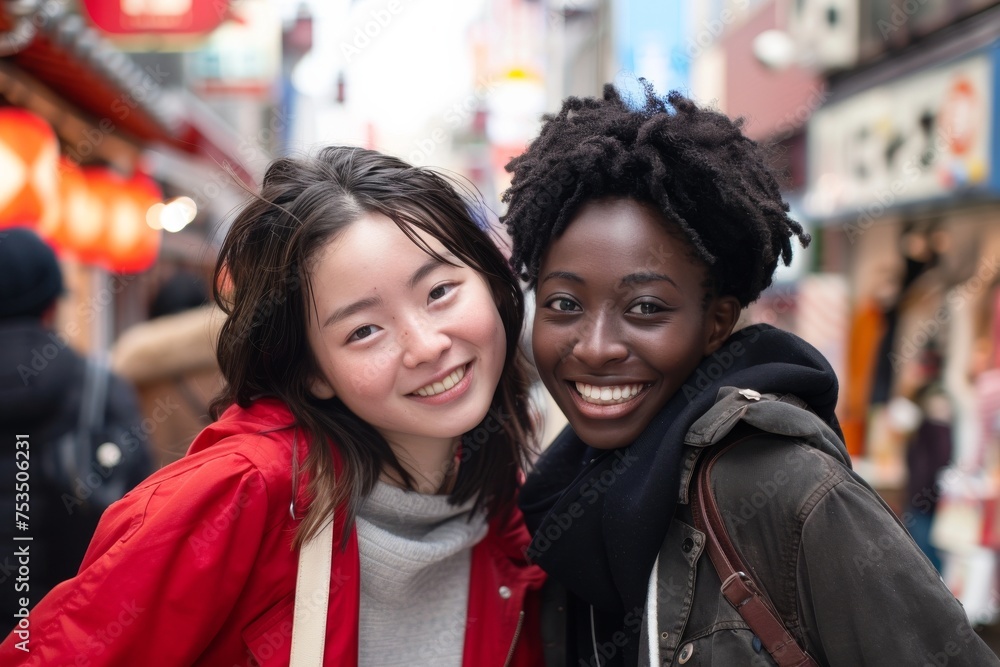 仲良く遊ぶ日本人女性と黒人女性(国際交流・英語学習・異文化交流) 仲良く遊ぶ日本人女性と黒人女性(国際交流・英語学習・異文化交流)