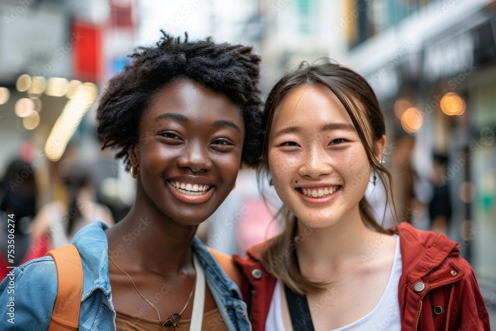 仲良く遊ぶ日本人女性と黒人女性（国際交流・英語学習・異文化交流）