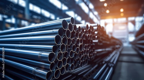 Rows of steel pipes neatly stacked in a busy industrial warehouse