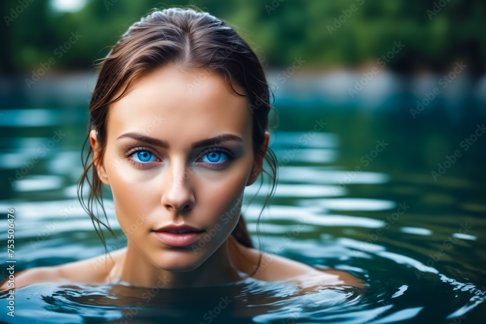 A woman is in the water with her hair wet. She has blue eyes and a smile on her face