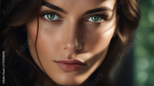 A woman with green eyes and a greenish tint to her hair. She has a very pretty face and is smiling © valentyn640