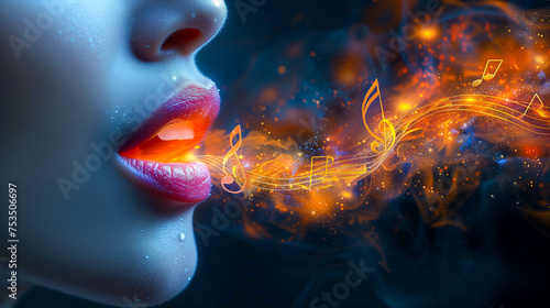 Close-up of a woman s lips emitting bright orange musical notes against a dark background