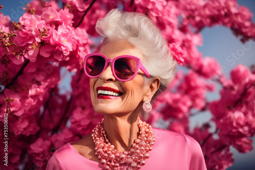 Very stylish elderly lady in bright fashionable outfits and sunglasses on a colored background.