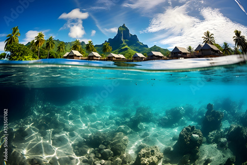 Tropical island with water bungalows and coconut palm trees Luxury overwater villas with coconut palm trees a blue lagoon and a white sandy beach at Bora Bora island Tahiti AI Generated  © Min