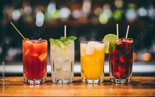 Cocktails on the table different coloured drinks in different glasses on dark wooden table over blurred restaurant background bar concept alcohol drinks