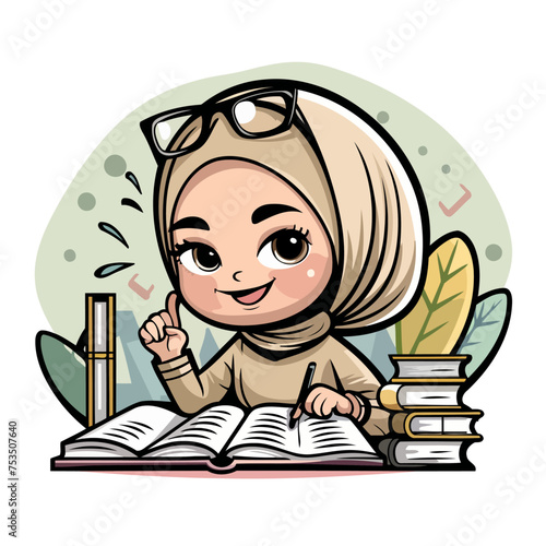Vector of muslim girl wearing hijab reading a book.