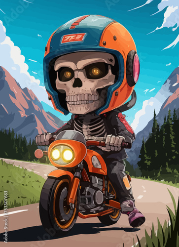 Image of skul biker on the motorcycle with mountain on background.