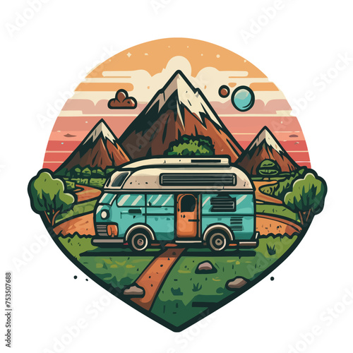 Vector image of classic campervan with mountain background.