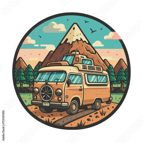 Vector image of classic campervan with mountain background.
