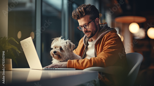 Man with beard using laptop at table with his companion dog