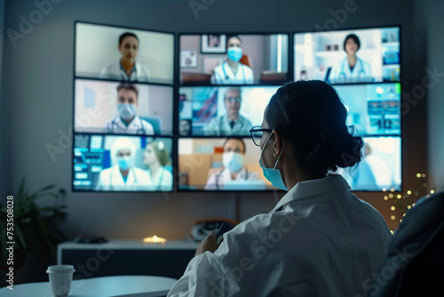 Doctor attending virtual meeting with healthcare professionals.