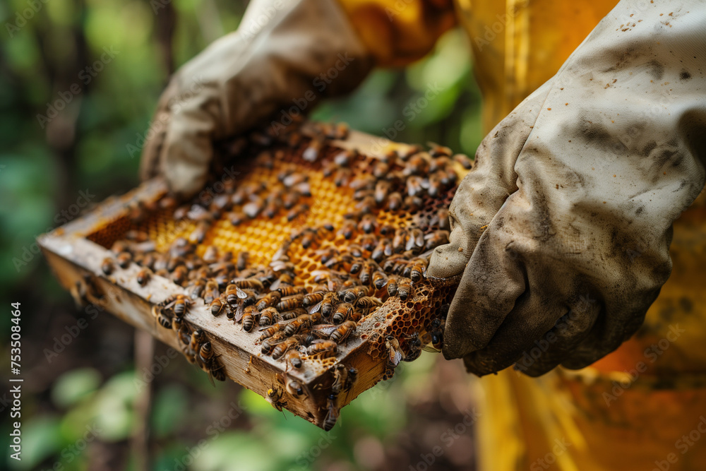 the hands of a beekeeper holds a frame with honey near the hive, in his apiary the hands of a beekeeper holds a frame with honey near the hive, in his apiary