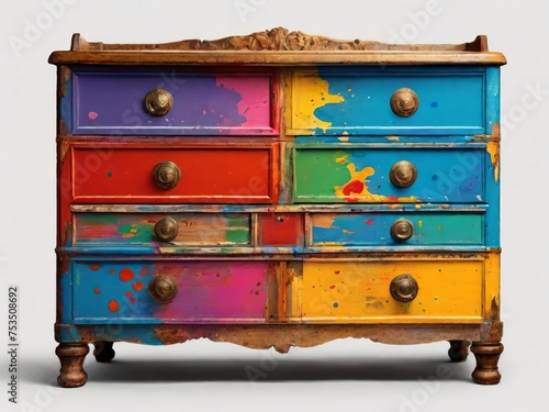 An colorful antique wooden box with drawers and a lock, resting on a vintage cabinet, showing signs of age with its old brown wood, perfect for home storage or travel photo