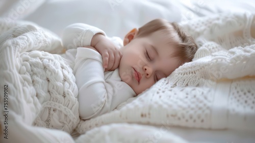 Newborn baby boy sleeping in modern white clothes, wrapped in a white blanket, looking cute and adorable