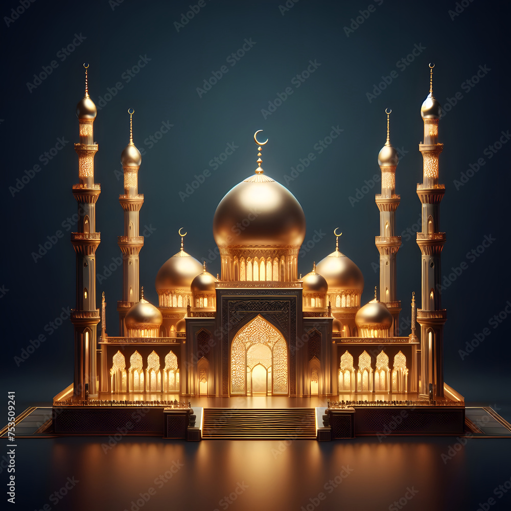 Golden Mosque, an Islamic festival, celebrating Ramadan, Isolated on a dark blue background