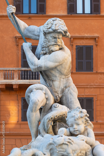 Famous Fountain of Neptune in Piazza Navona. Mythology. Rome, Italy