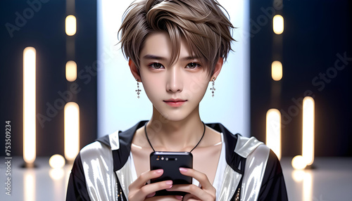 A beautiful and handsome virtual idol boy is holding a smartphone. Cosplayers. Video distribution. Streaming.
