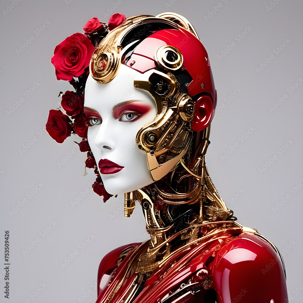 
Robots, woman and men, all made of polished red metal, minimalist fashion look.