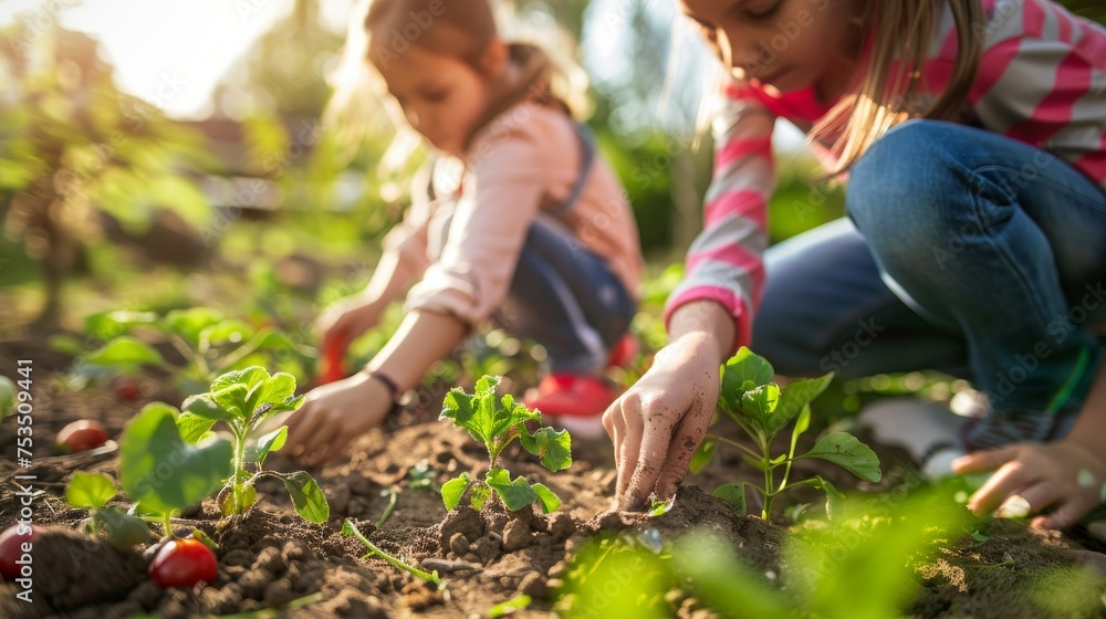 Two focused children are hands-on planting and caring for young vegetable plants in a backyard garden on a sunny day.