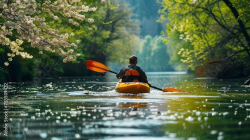 A solo traveler kayaks along a calm river, navigating through an enchanting landscape adorned with the white blossoms of spring.