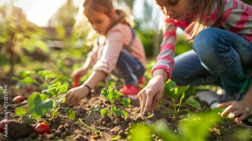 Two focused children are hands-on planting and caring for young vegetable plants in a backyard garden on a sunny day.