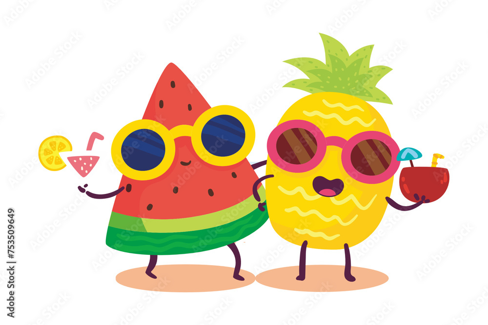 Cute and funny pineapple and watermelon cartoon vector illustration Cute and funny pineapple and watermelon cartoon vector illustration